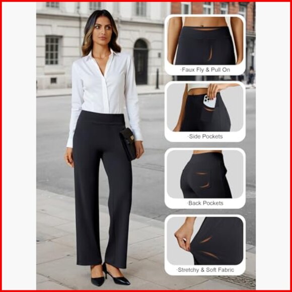 Stretchy Wide Leg Dress Pants Pull On Office Slacks with 4 Pockets - Picture 4 of 7
